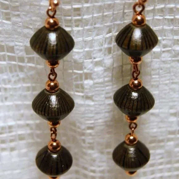 Handmade Striped Wooden Bead & Copper Dangle Earrings - Picture 3 of 5